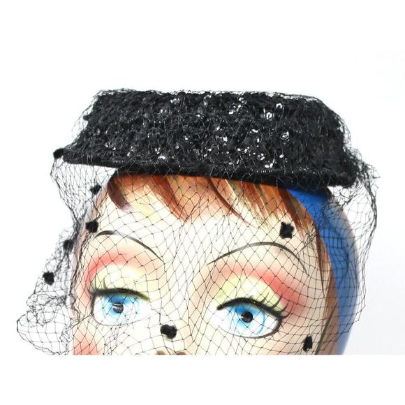 Vintage Black Sequin Ring Halo Hat w Veil Cocktail Eveningwear - Hey Viv - Picture 4 of 5
